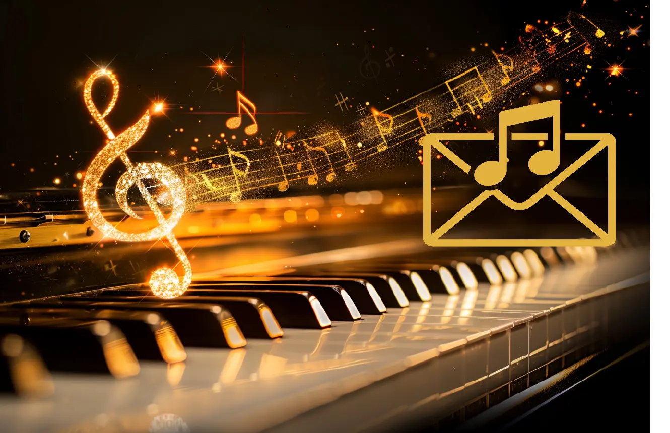 Golden music-themed envelope icon overlayed on grand piano keys with glowing musical notes – Dutch Chamber Music Festival contact illustration